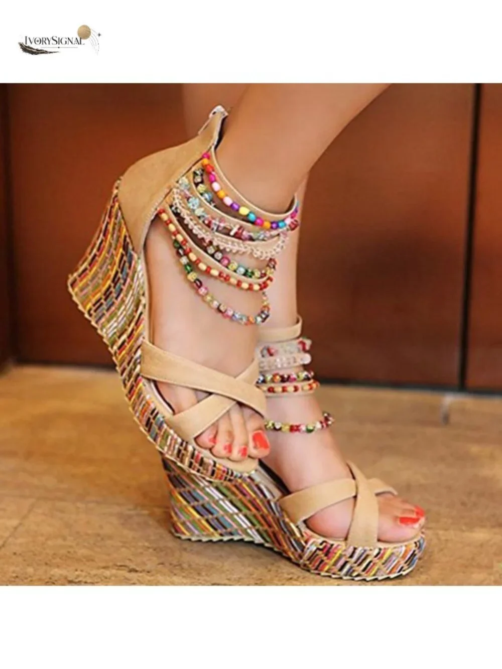 Women's Platform Wedge Sandals with Pearls, High Heel, Ankle Strap